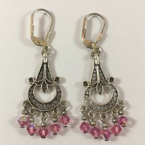 Silver Chandelier Earrings with Pink Crystals EUC